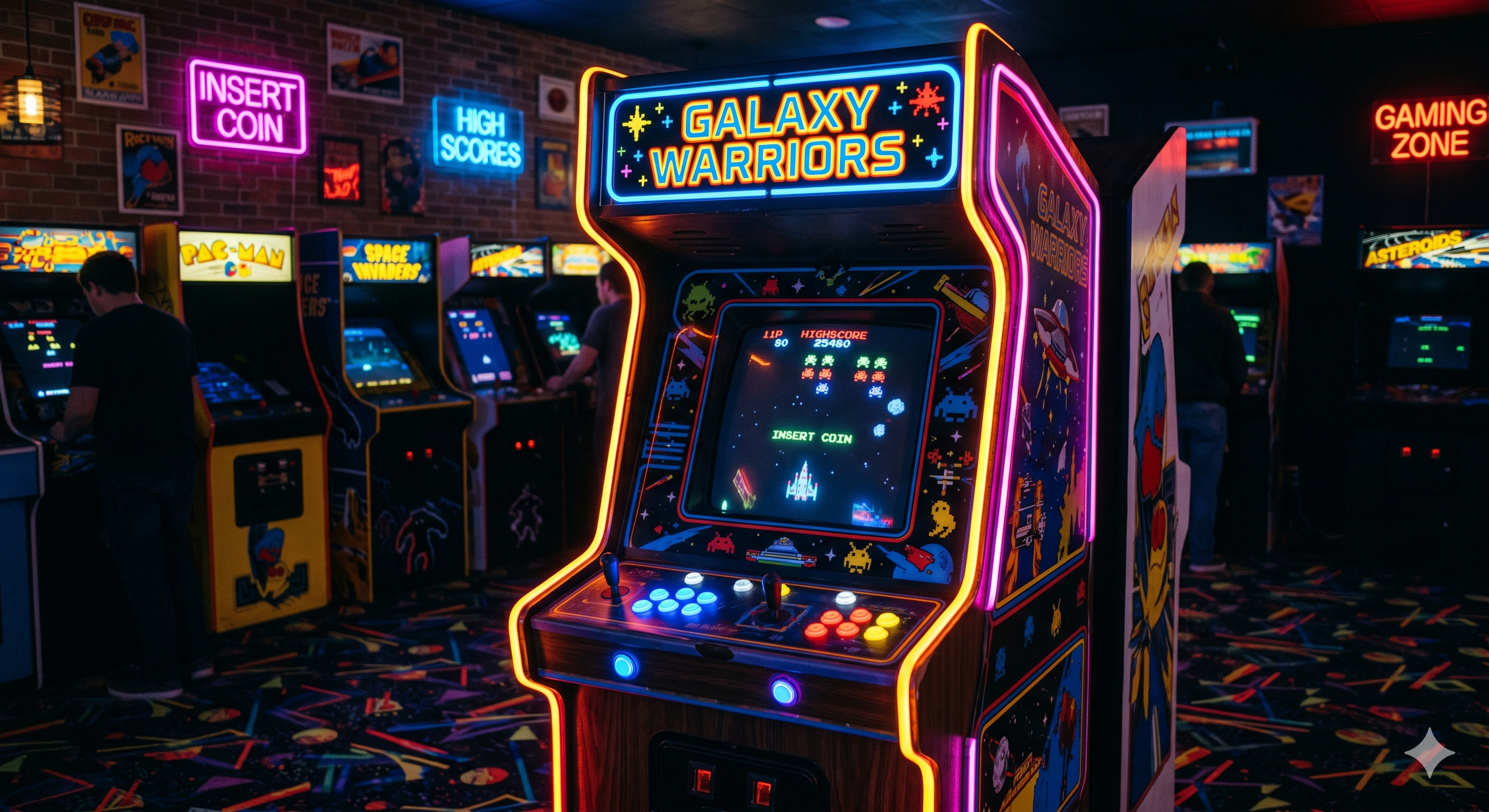 Collage de pantallas y mandos retro con juegos arcade clásicos