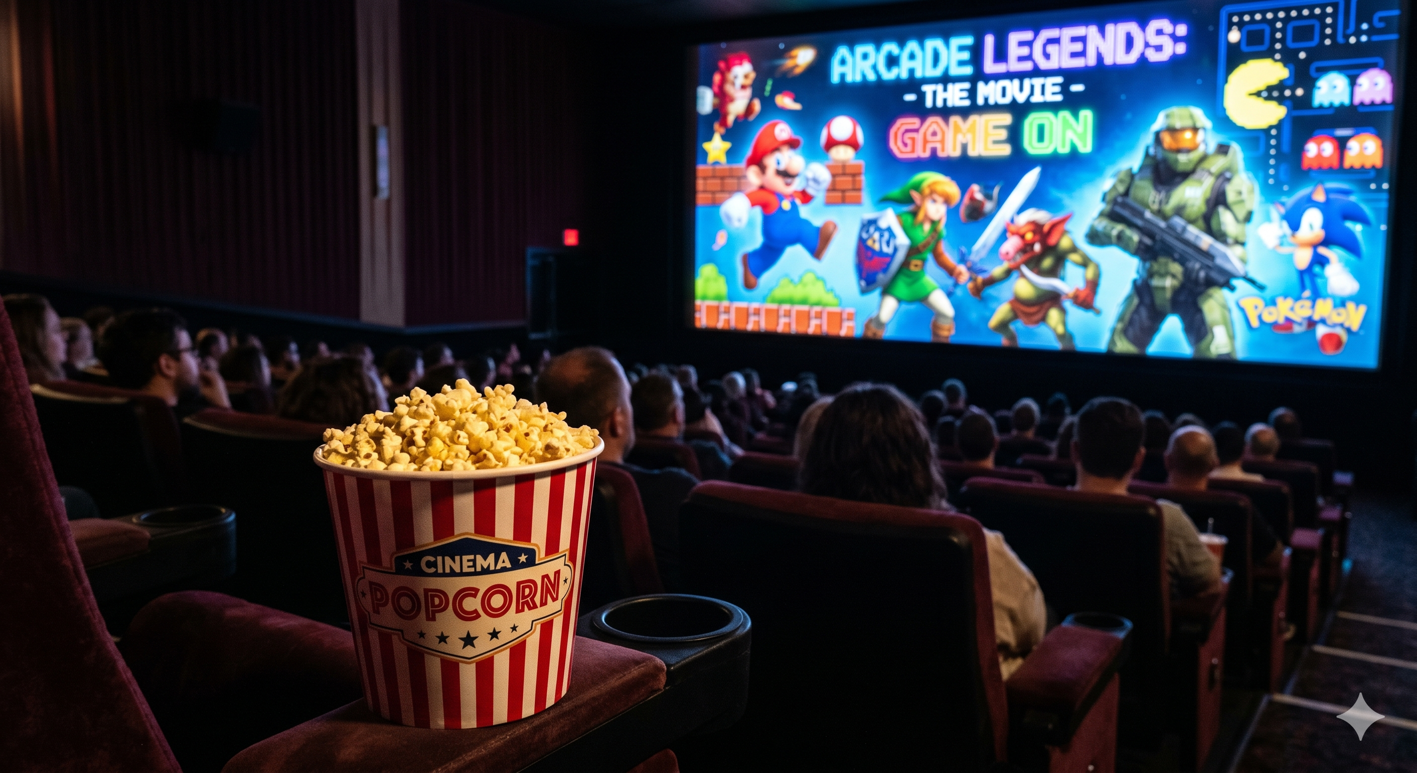 Palomitas de maíz frente a una pantalla de cine proyectando referencias de videojuegos