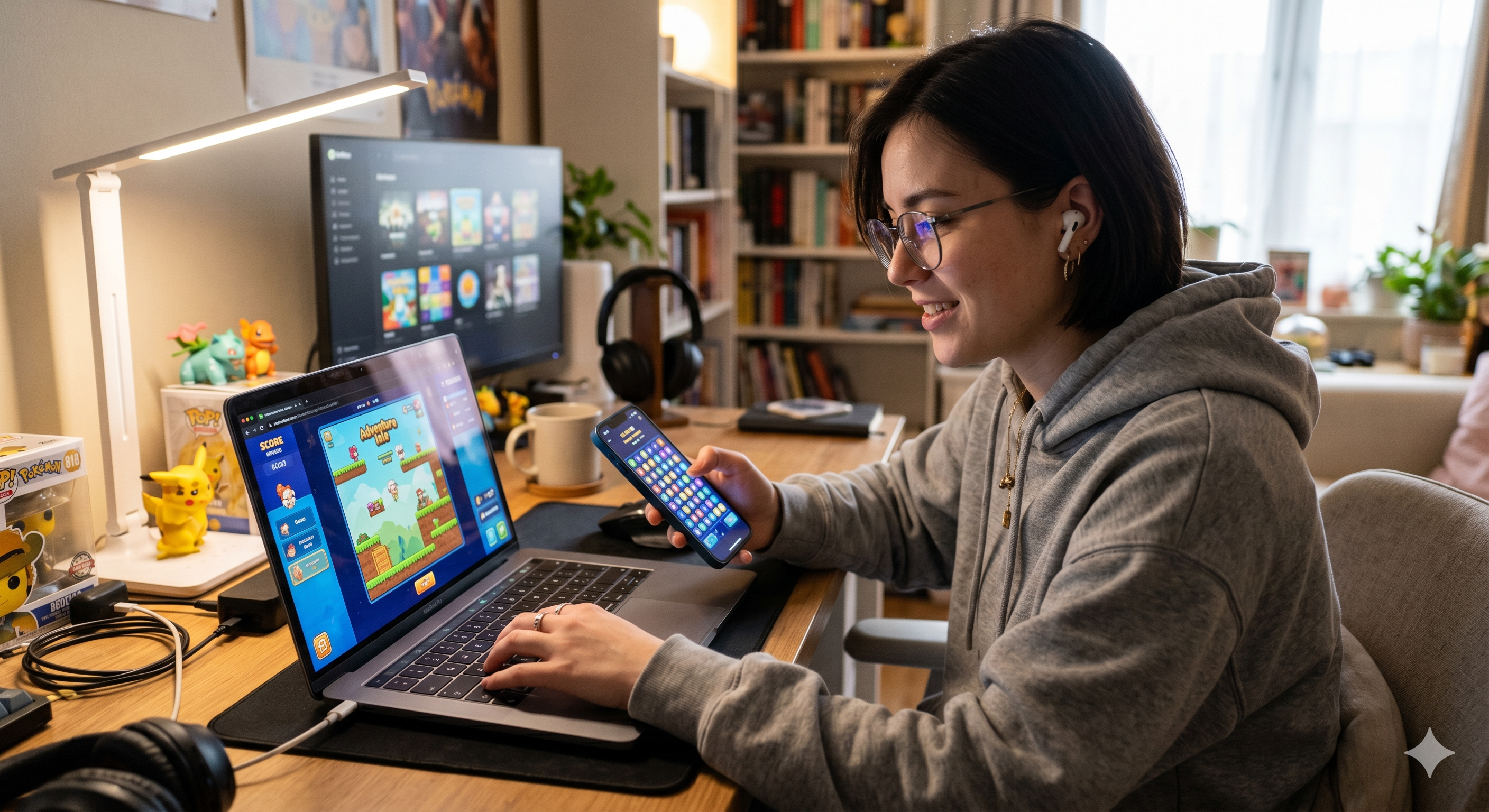 Persona jugando a minijuegos online desde un teléfono móvil y un ordenador portátil de forma simultánea