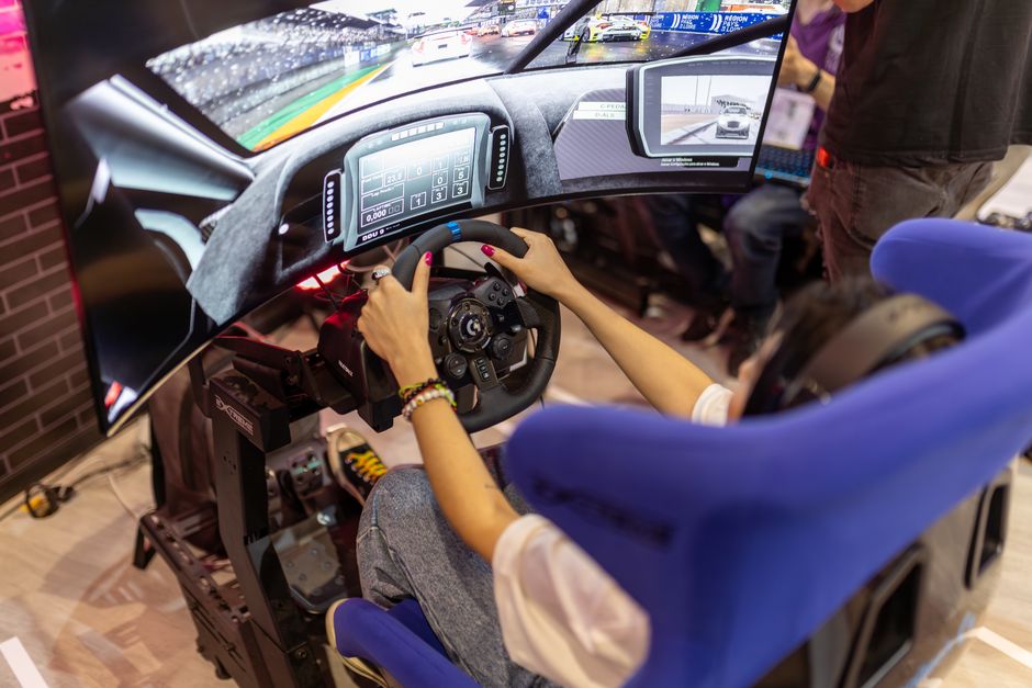 racing simulator setup with steering wheel